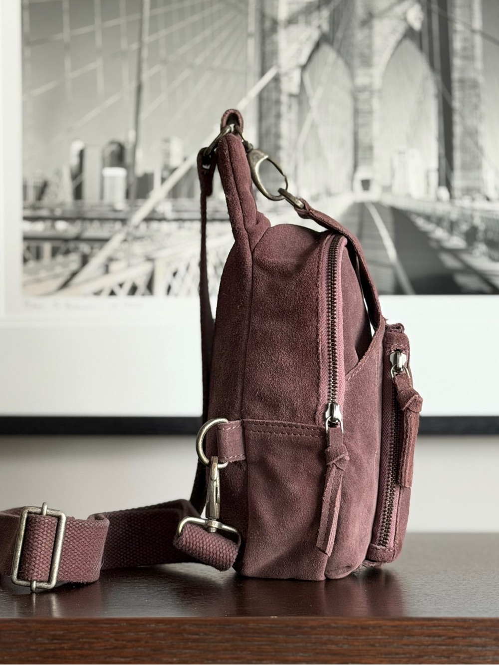 Free People Suede Sling Bag - Mauve Plum - Picture 6 of 9